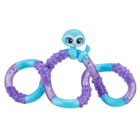 Blue and purple sloth Tangle Jr. Pet fidget toy laid out in a flowing freeform shape