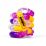 Purple, orange and clear glitter Tangle Jr Textured fidget toy coiled on white background