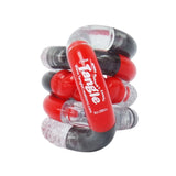 Red and grey Tangle Jr Textured fidget toy coiled on white background