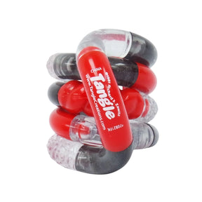 Red and grey Tangle Jr Textured fidget toy coiled on white background