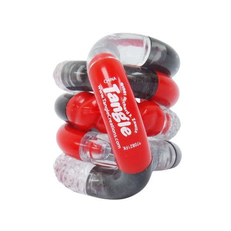 Red and grey Tangle Jr Textured fidget toy coiled on white background