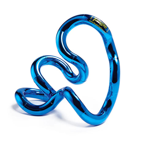 Blue metallic Tangle fidget toy twisted into a flowing freeform shape showing high-shine chrome finish