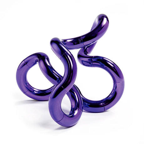 Purple metallic Tangle fidget toy twisted into a freeform open shape showing chrome finish and segment detail