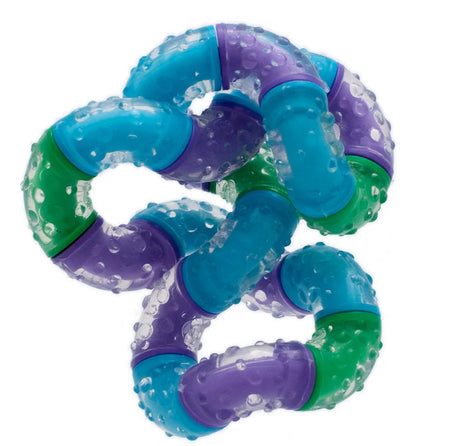 Tangle Therapy textured fidget toy in blue, purple and green coiled loosely on white background