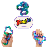 Tangle Therapy fidget toy shown in use with two hands alongside Tangle logo branding image