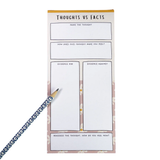 Thoughts vs Facts notepad full view on white, CBT anxiety tool, floral daisy design