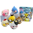 Six Tiny-K Gen 2 Koi Squishy Ball plush characters displayed alongside their mystery bag packaging, including bear, dolphin, chick, cat, sloth and chick designs