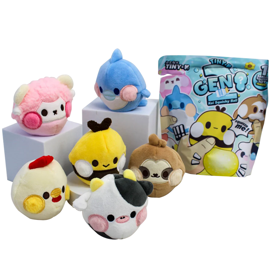 Six Tiny-K Gen 2 Koi Squishy Ball plush characters displayed alongside their mystery bag packaging, including bear, dolphin, chick, cat, sloth and chick designs