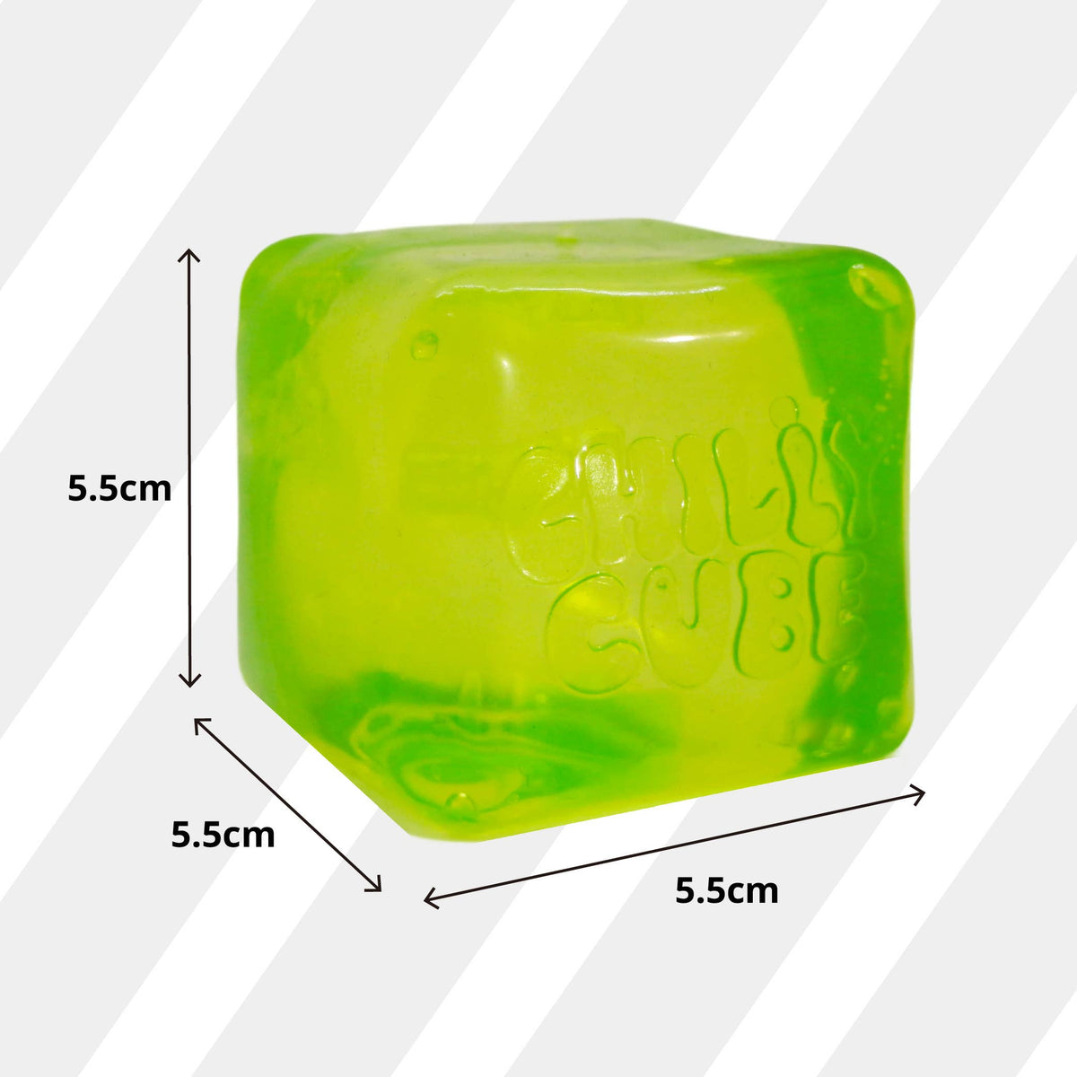 Green cube with 'Gummy Cube' branding and dimensions on a white background