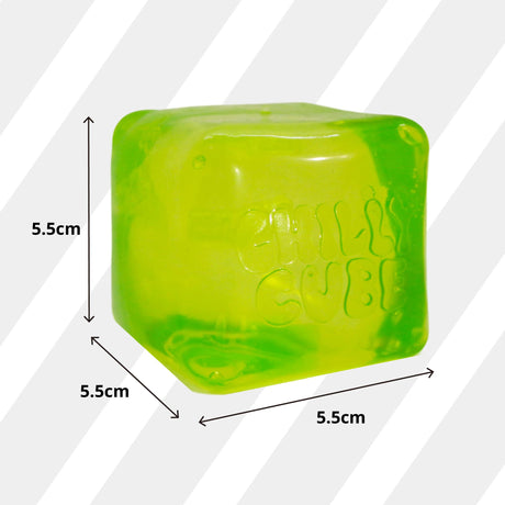 Green cube with 'Gummy Cube' branding and dimensions on a white background