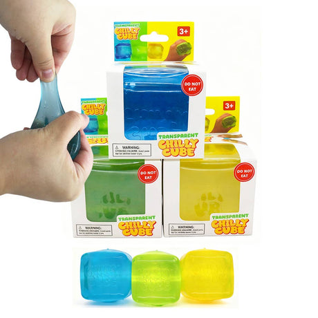 All 3 colours of transparent chilly cubes in and out of their packaging, with one being stretched