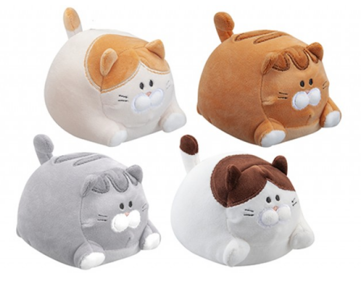 Four ultra soft fat cat plush toys in cream, ginger, grey and calico colourways