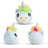 Blue unicorn plushie sensory toy with rainbow fluffy mane shown from front, side, and back angles