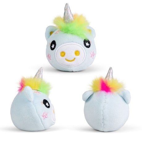 Blue unicorn plushie sensory toy with rainbow fluffy mane shown from front, side, and back angles