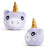 Lilac unicorn plushie sensory toy shown from front and side angle with gold horn detail