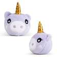 Lilac unicorn plushie sensory toy shown from front and side angle with gold horn detail