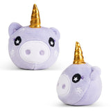 Lilac unicorn plushie sensory toy shown from front and side angle with gold horn detail