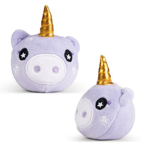 Lilac unicorn plushie sensory toy shown from front and side angle with gold horn detail