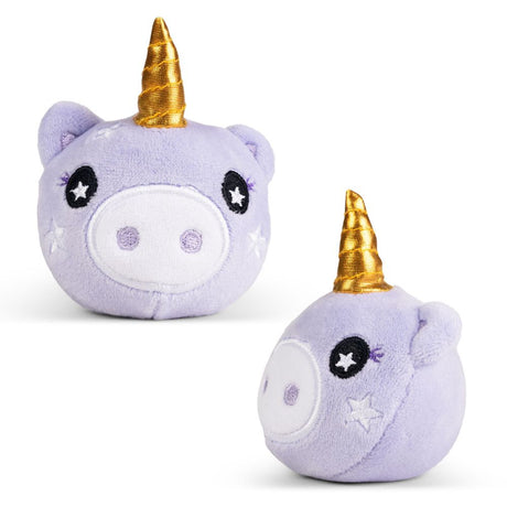 Lilac unicorn plushie sensory toy shown from front and side angle with gold horn detail