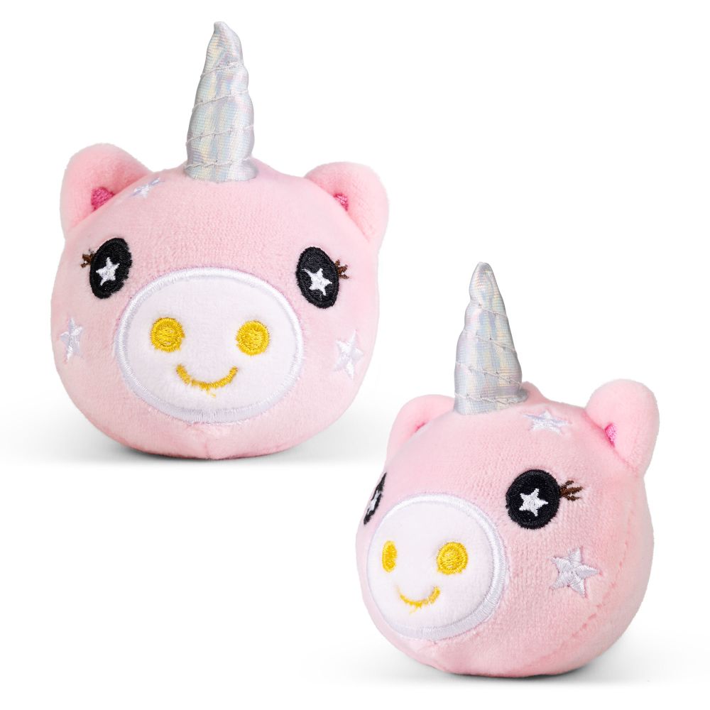 Pink unicorn plushie sensory toy shown from front and side angle with silver iridescent horn detail