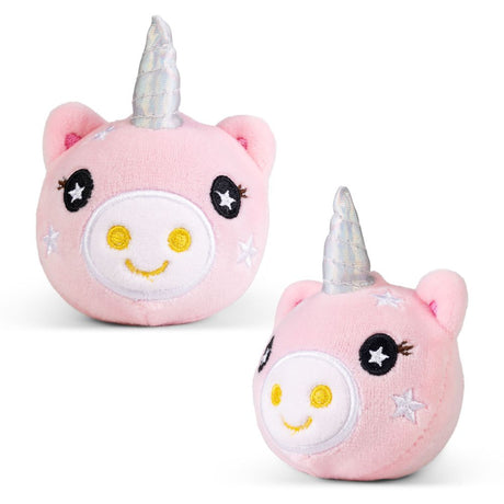 Pink unicorn plushie sensory toy shown from front and side angle with silver iridescent horn detail