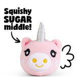 Pink unicorn plushie sensory toy with text graphic highlighting its squishy sugar filling