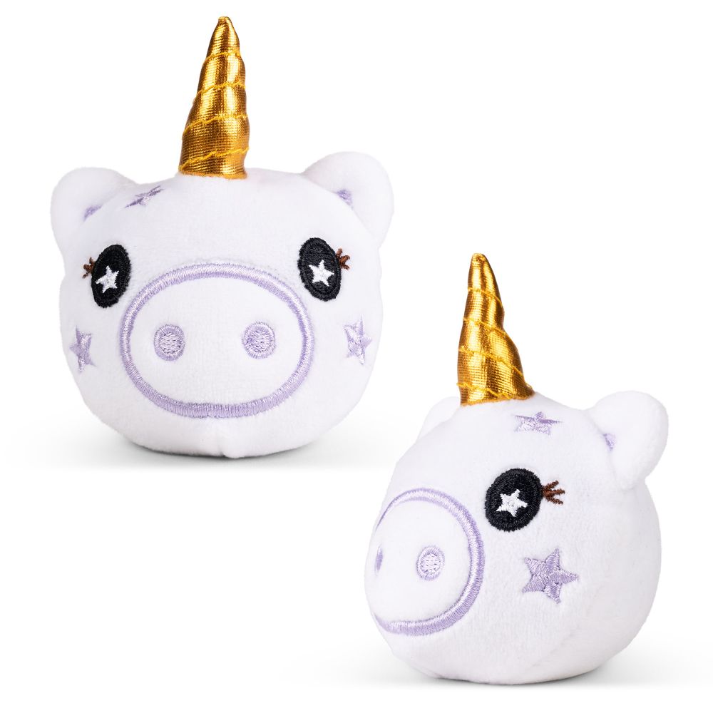 White unicorn plushie sensory toy shown from front and side angle with gold horn and star embroidery