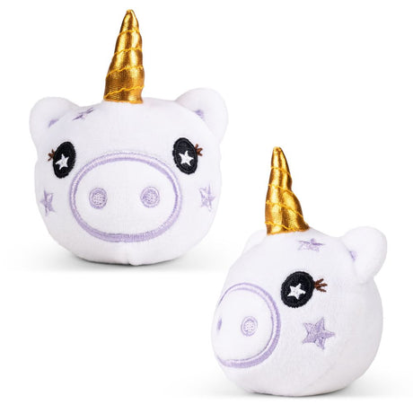 White unicorn plushie sensory toy shown from front and side angle with gold horn and star embroidery
