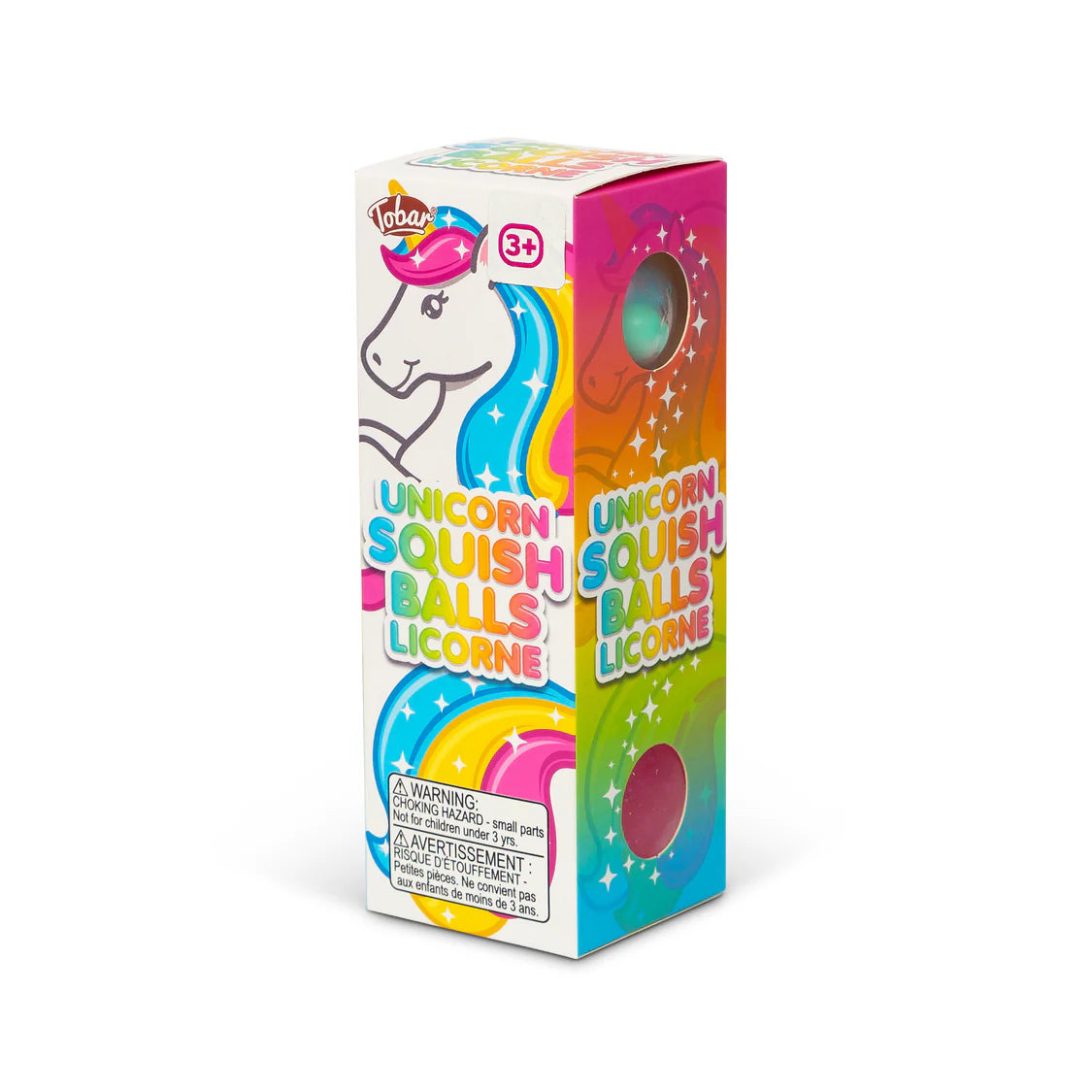Angled view of Unicorn Squish Balls box showing front and rainbow-gradient side panel with ball windows