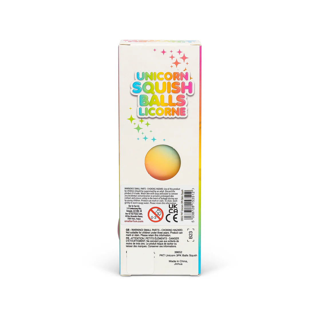 Back of Unicorn Squish Balls box showing product name and window cutout displaying one ball