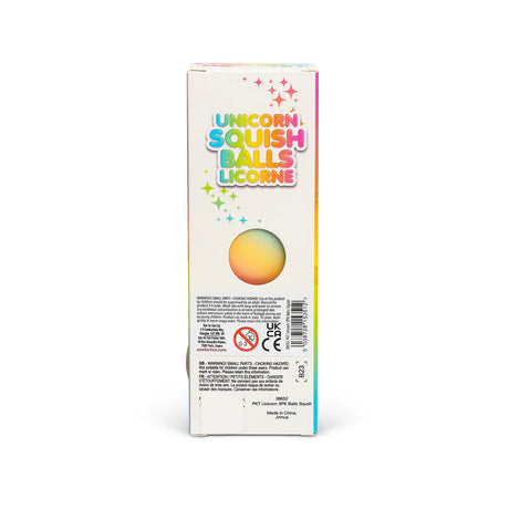 Back of Unicorn Squish Balls box showing product name and window cutout displaying one ball