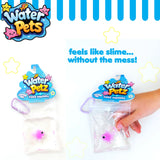 Two packaged Water Petz tabs squishies on a white background with blue decorative stripes and text reading 'feels like slime.