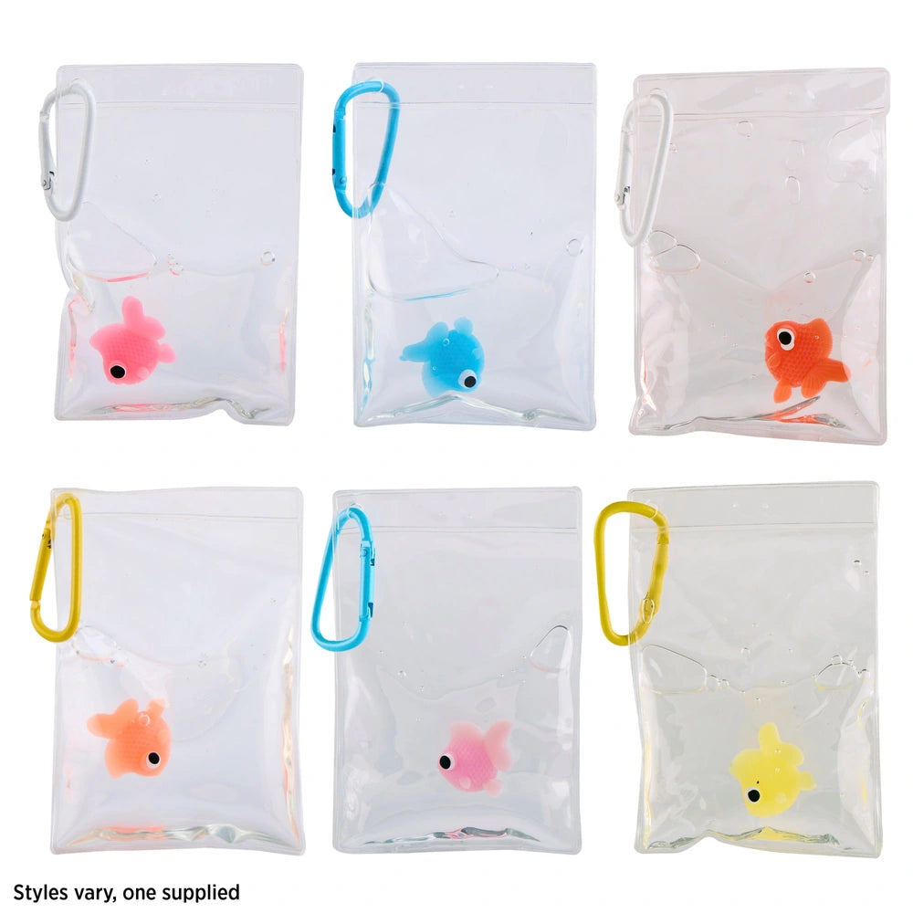 Six Water Petz Taba Squishy water-filled pouches with pink, blue, orange and yellow fish