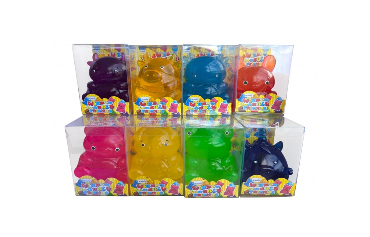 Wibbly Wobbly Friends giant jelly squishy animal fidget toys in all 8 colours purple orange blue red pink yellow green and navy in clear packaging