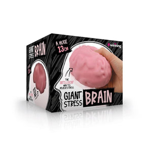 Pink stress ball in a black and white box packaging with 'Giant Stress Brain' text.