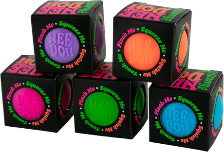 Five boxed World's Smallest Nee Doh Groovy Glob mini squish balls in assorted colours