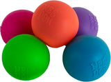 Five World's Smallest Nee Doh Groovy Glob mini squish balls in pink, orange, purple, green and blue