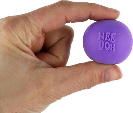 Hand holding a purple World's Smallest Nee Doh Groovy Glob mini squish ball