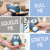 Collage showing the Zen-Guin penguin squishy being pulled, squeezed, and stretched