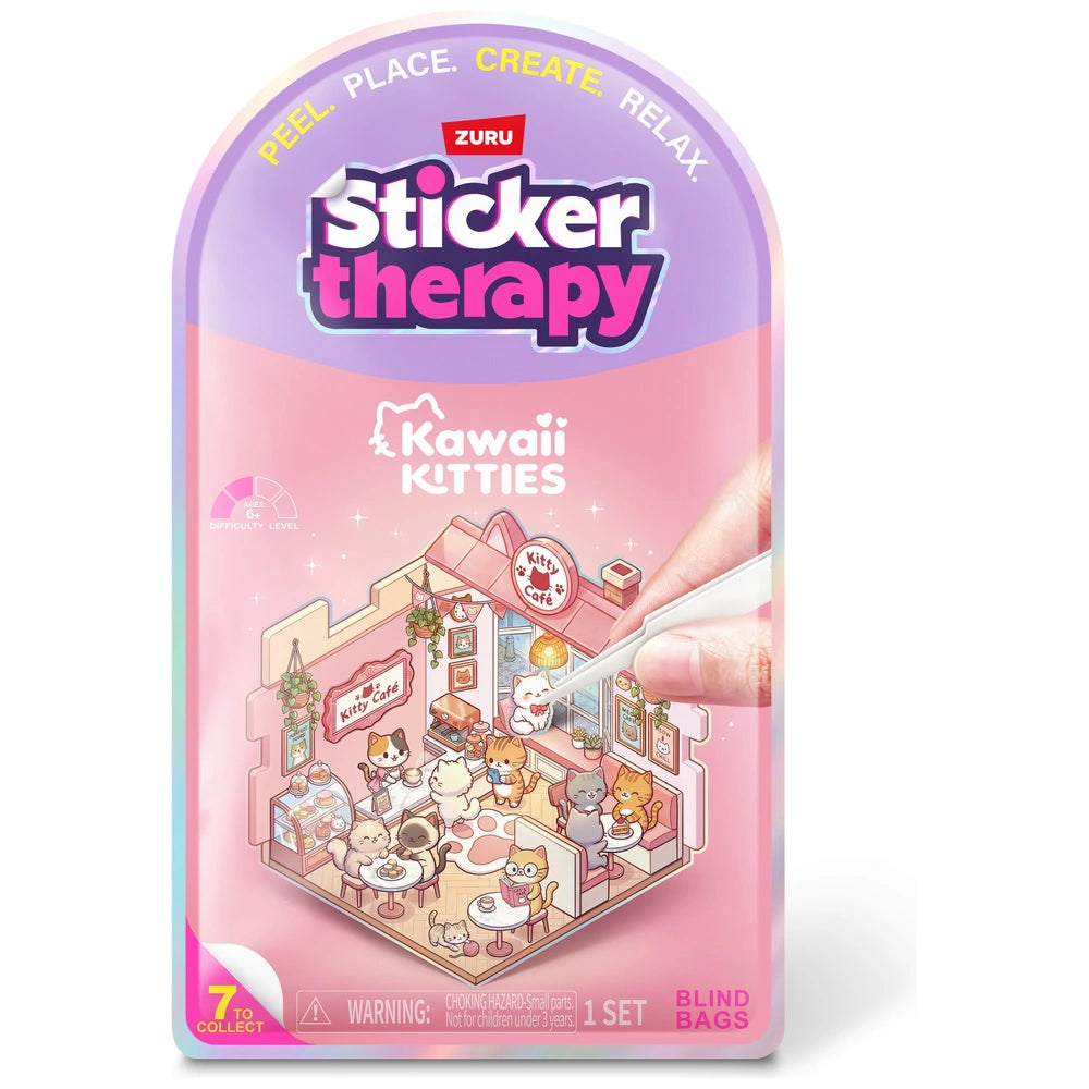 Zuru Sticker Therapy Kawaii Kitties blind bag packaging with cat café scene preview
