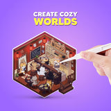 Hand using tweezers to place stickers onto a cosy cat ramen shop scene